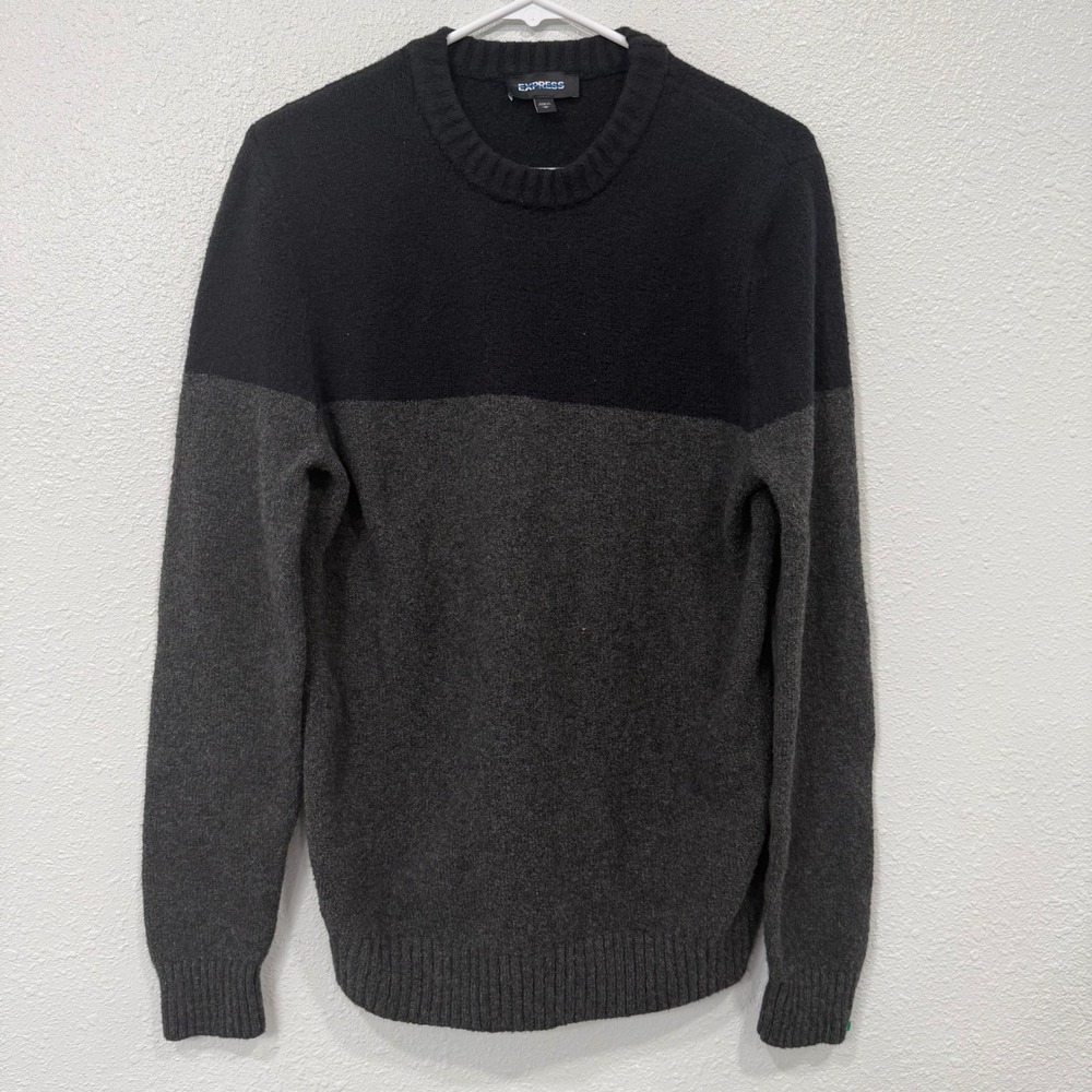 Express Men Colorblock Crewneck Sweater Black Charcoal Gray Size M